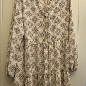 Boho Tiered Button-Front Dress in Cream and Gray